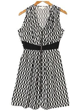 Mazooma Black & White Geometric Zip Front Sleeveless Dress Women’s Medium